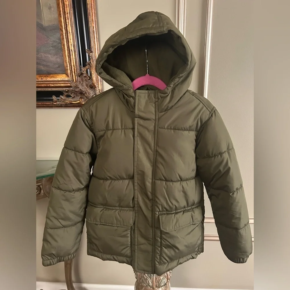 Old Navy Olive Green Hooded Puffer Jacket Girls Size S 6-7